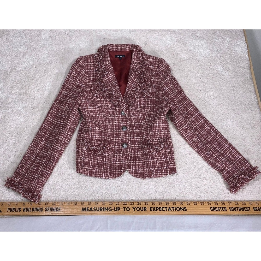 Lia Lee Burgundy White Tweed Blazer Medium Fringe Trim Lined Jacket